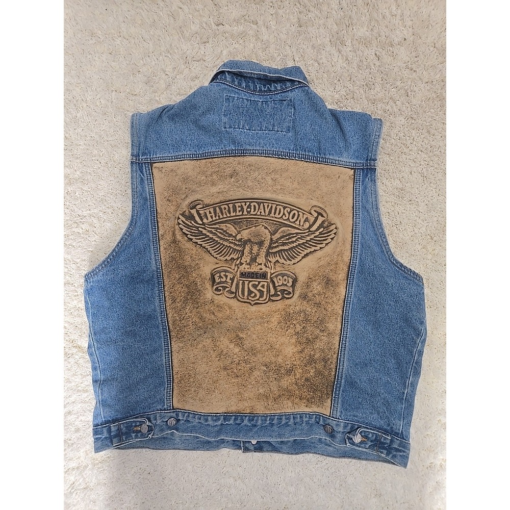 Vintage Harley Davidson Denim Vest Motorcycle Biker Jacket Size L READ***